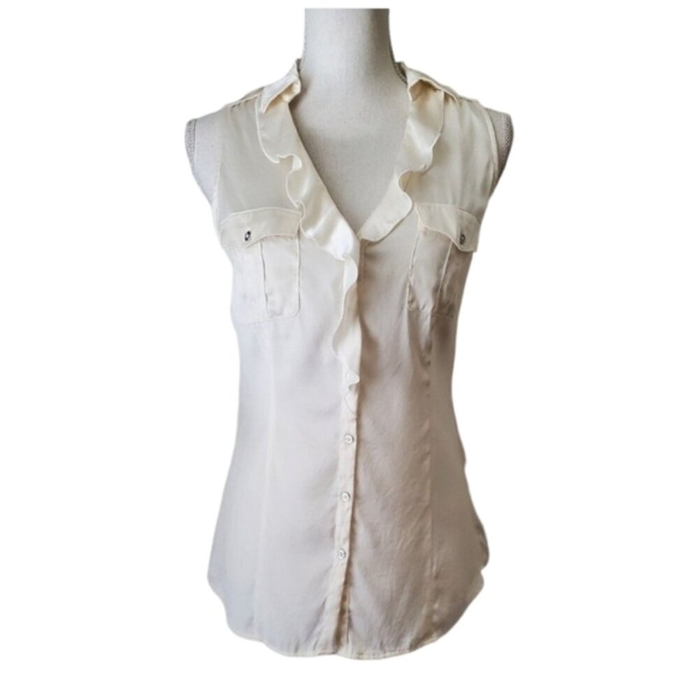 White House Black Market Ecru Sleeveless Silk Button Down Ruffle Blouse Size 12